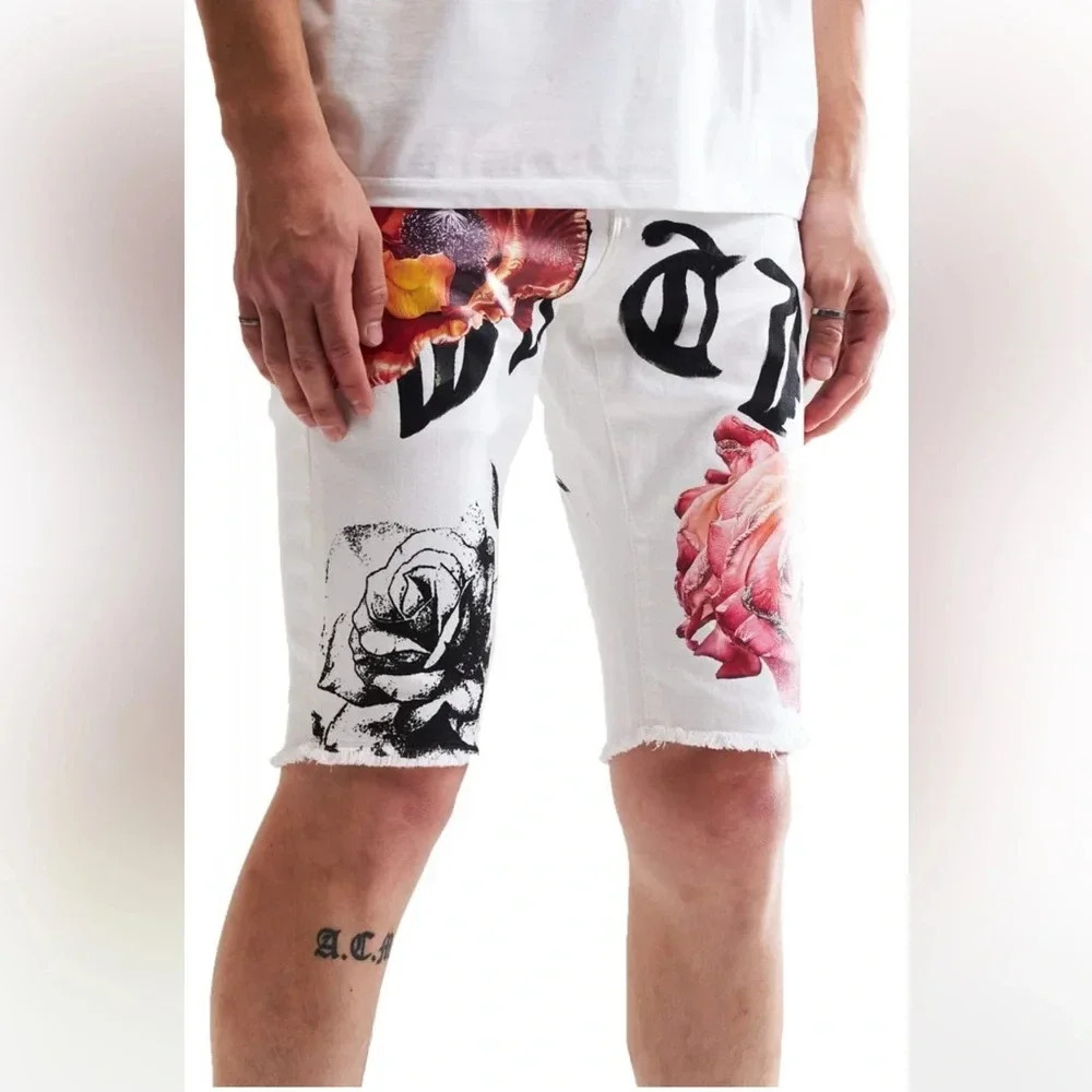 Mens Embellish Jagger Denim Floral Shorts